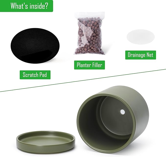 D'vine Dev Set of 2 Plants Pots, 10 Inch Ceramic Planter Pot for Plants with Drainage Hole and Saucer, Olive, 94-V-E-J