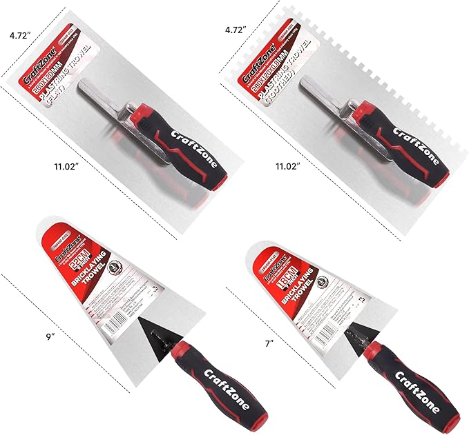 4 Pieces Concrete & Trowel Masonry Set - High Carbon Steel Plastering | Bricklaying Tools for Drywall Asphalt - Includes Flat & Notched Trowels & 7"/9" Brick Trowels with Soft Grip Handle