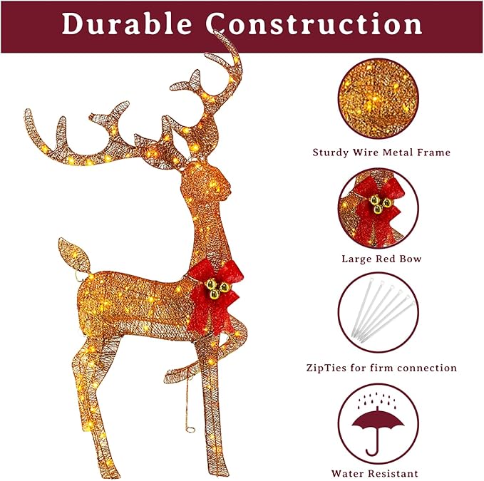 Light Up Christmas Reindeer Outdoor Decor, 240 LED 3-Piece Lighted Family Deer Set. Weatherproof Christmas Yard Reindeer Decoration with Stakes for Outside, Lawn, Garden, Patio, Indoor