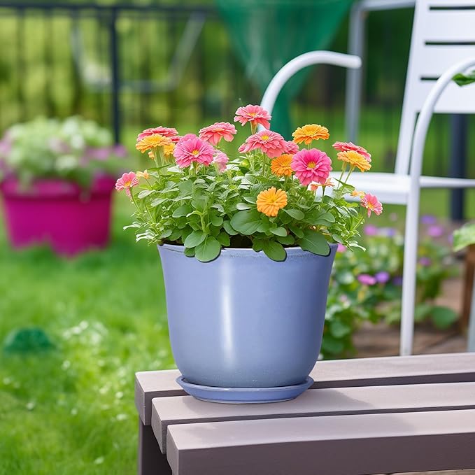 Ceramic Pots for Plants - 8 Inch Planter for Indoor Outdoor, Round Flower Pot with Drainage Hole and Saucer, Modern Planter, Home Garden Apartment Decor, Gifts for Plant Lovers, Purple-Blue