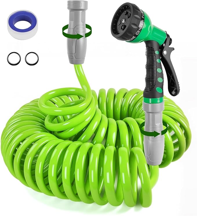 SPECILITE 1/2” Polyurethane Coil Garden Hose 50 FT, PU Flexible Recoil Water Hoses with 6-Pattern Spray Nozzle for Patio, Boat, Greenhouse and Yard