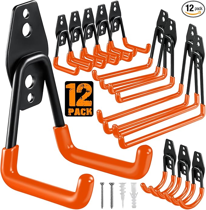 12 Pack Garage Hooks Heavy Duty Utility Steel with Anti-Slip Coating Wall Mount Storage Organizer for Hanging Power and Garden Tools, Ladders, Hose, Bikes, Ropes, Bulk Items, and More