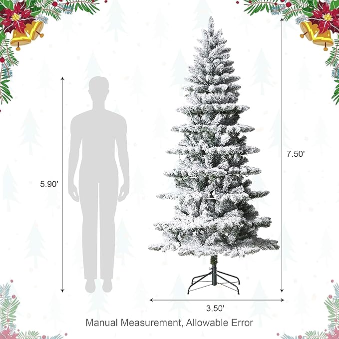 Glitzhome 7.5ft Pre-Lit Flocked Slim Artificial Christmas Tree Frostwood Spruce with 320 Warm White Lights and Sturdy Metal Stand for Home, Office, Party Decoration
