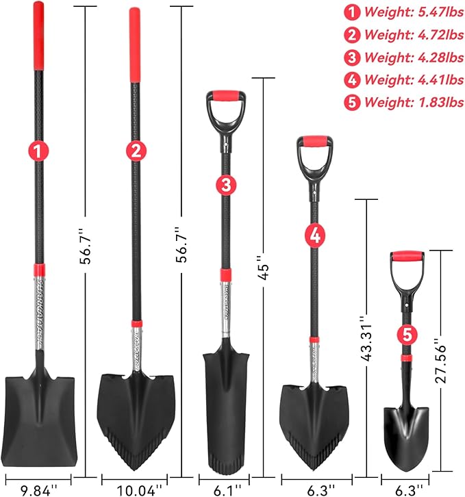 SHARK ATTACK 5-Piece Steel Shovel Set with D-Grip Handles - Multi-Size Garden Shovels with Powder Coating for Digging, Planting & Car Emergency