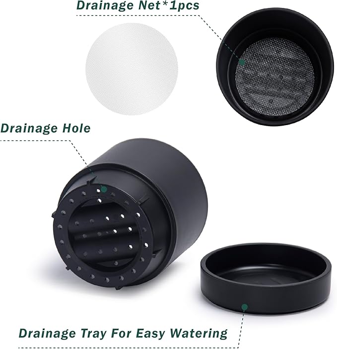 Phoenix Vine 4 Inch and 6 Inch Planter Pot with Drainage Hole & Deep Water Catch Tray Saucer, Straight Cylindrical Round Pot for Plants, Matte Black, 23-A-2-Z