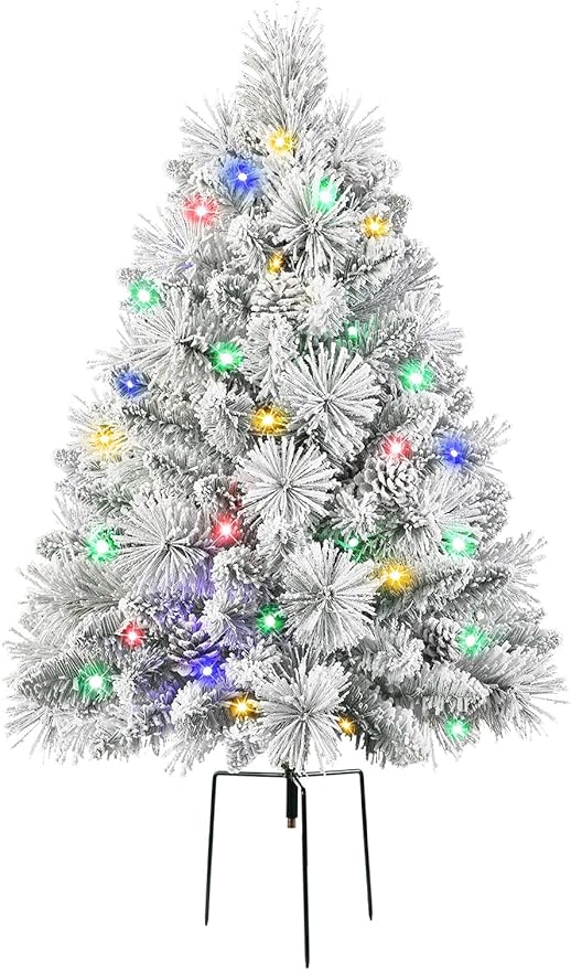 Set of 1 30 Inch Lighted Flocked Outdoor Christmas Tree with Multi-Color Lights, Timer, Battery Operated Pre-lit Scotch Pine Pathway Urn Filler with Pine Cones for Pathway & Porch& Yard Decorations