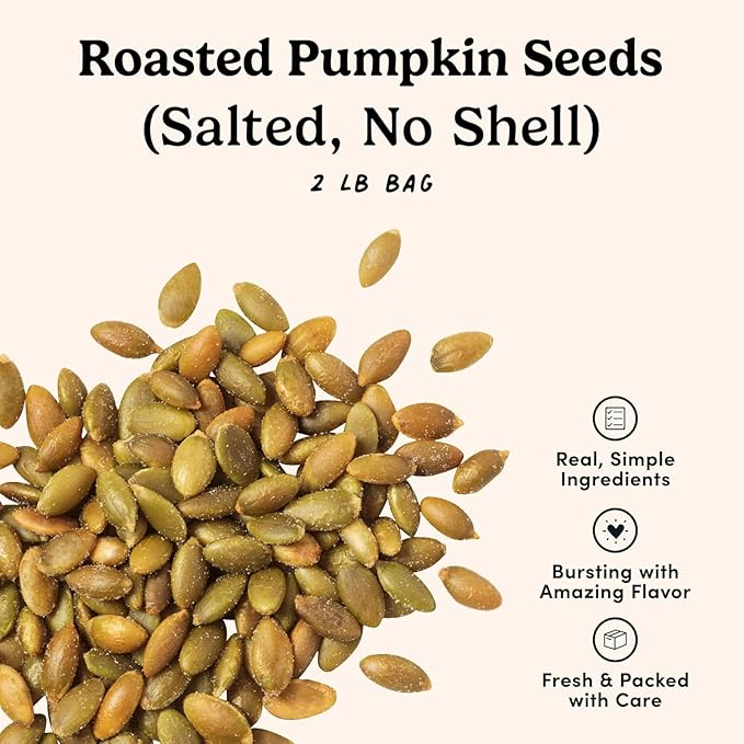 Nuts.com – Roasted Pumpkin Seeds – 2 Lb Bag, Salted No Shell Pumpkin Seeds, Healthy Snack for Adults & Kids, Rich in Protein, Fiber, Calcium & Potassium – Keto Friendly, Vegan, Gluten-Free & Kosher Pareve
