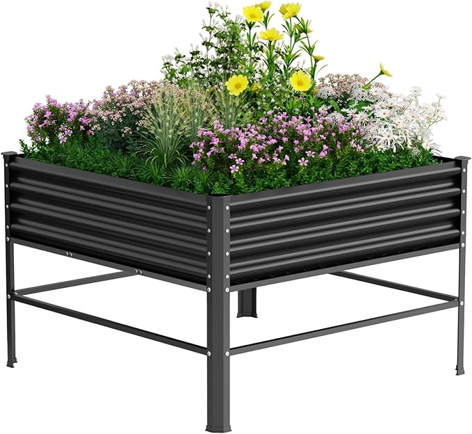 Galvanized Raised Garden Bed with Legs,48×48×32in Large Metal Elevated Raised Planter Box,Raised Garden Bed,1000lb Capacity with Drainage Holes for Vegetables Lawn Green Flowers, Fruits, Terrace