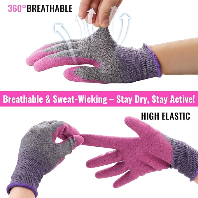 3 Pairs Gardening gloves for women ladies, Garden gloves with rubber coating, Work gloves for Weeding, Digging, Raking, Pruning Flower Rose (Small/7)