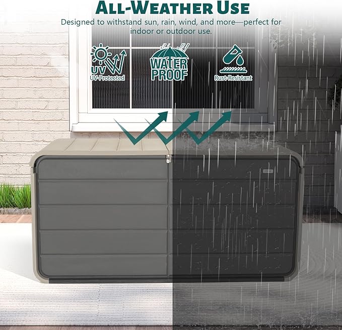 Domi 260 Gallon Outdoor Storage Box – Waterproof, UV-Resistant Deck Box with Lockable Lid for Patio Furniture, Garden Tools, Delivery Packages (Large Resin Storage Bin）