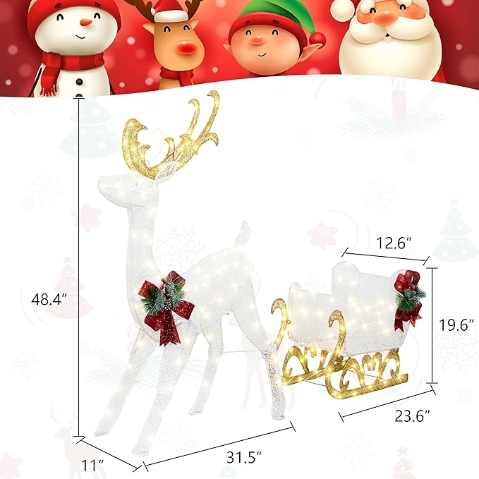Vongrasig 4FT Lighted Christmas Reindeer & Sleigh Outdoor Yard Decoration Set W/ 205 LED Lights & 8 Ground Stakes, Zip Ties, Artificial Xmas Lighted Holiday Decor for Indoor and Outdoor(White)