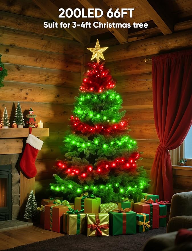 Ollny Smart Christmas Lights, 66FT 200 LEDs APP Control RGB Color Changing Christmas Tree Lights with Remote, Programmable DIY Musical Waterproof Green Wire Decor Light with Timer for Indoor Outdoor