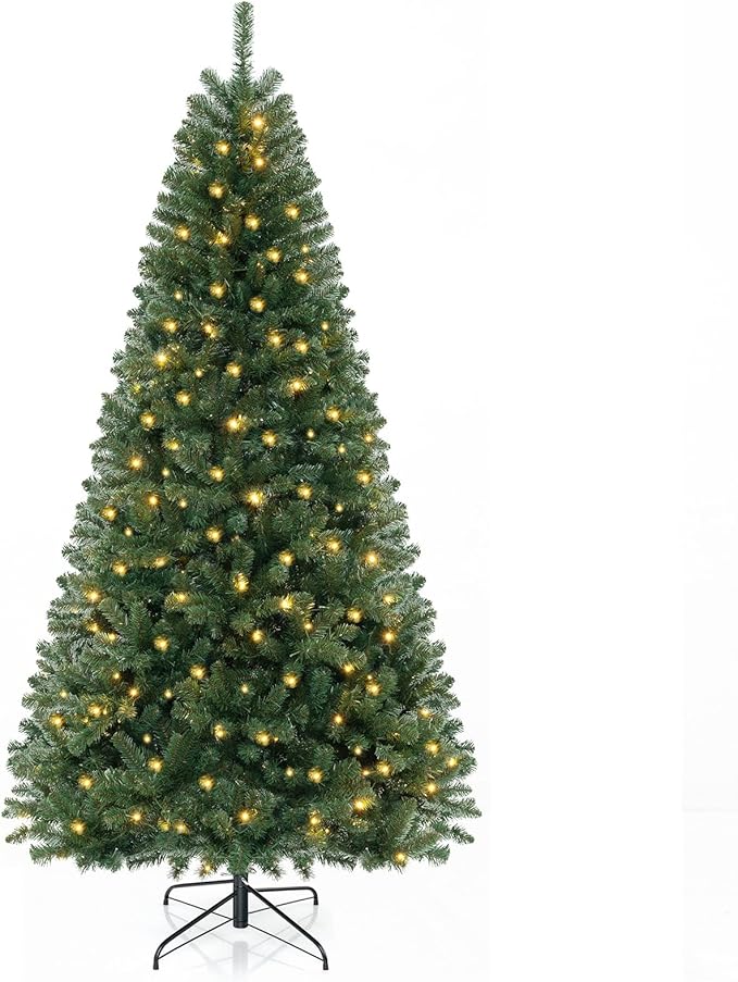 GOFLAME 8FT Prelit Artificial Christmas Tree, Hinged Xmas Tree with 1182 Branch Tips, 400 Warm White LED Lights, 8 Lighting Modes, Holiday Decoration Tree for Home Office Party