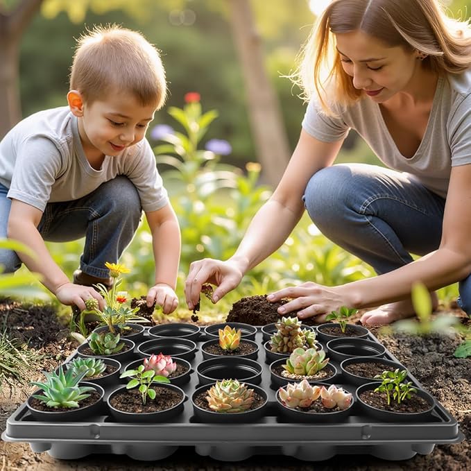 3 Inch Plastic Plant Pots 100 Pcs with 5 Pcs 20 Cell Seed Starter Trays, Thick Black Small Nursery Pots and Propagation Shuttle Trays for Seed Starting, Plant Propagation Starter Kit 5 Sets