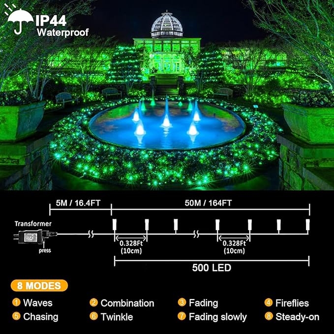 kemooie 500 LED Green Christmas Lights, 164 FT 8 Lighting Mode with Memory Plug in Waterproof Fairy Lights, for Outdoor Birthday Christmas Wedding Party Garden Balcony Decorations (Green)