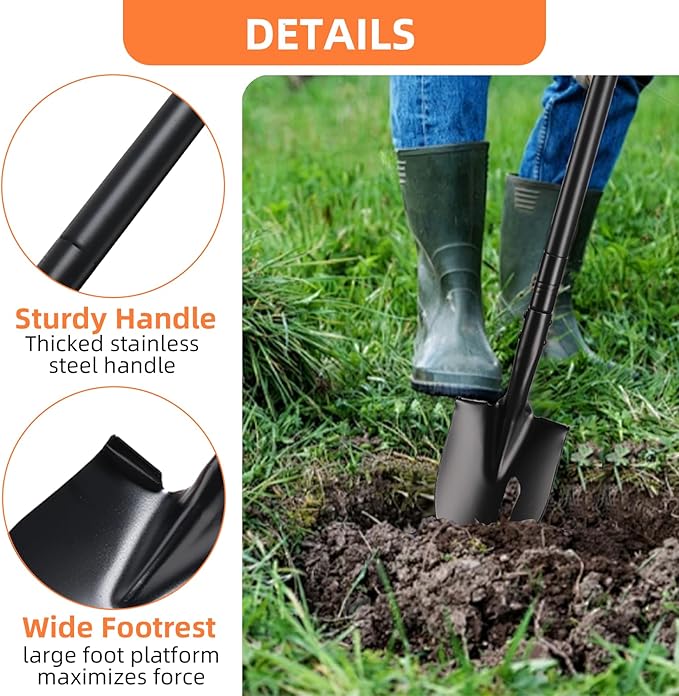 Small Shovel for Digging with Metal Handle, 43.7 Inch Heavy Duty Garden Shovel, Trench Shovels Ideal for Digging Gardening Trenching Planting Camping Transferring Scooping, Black