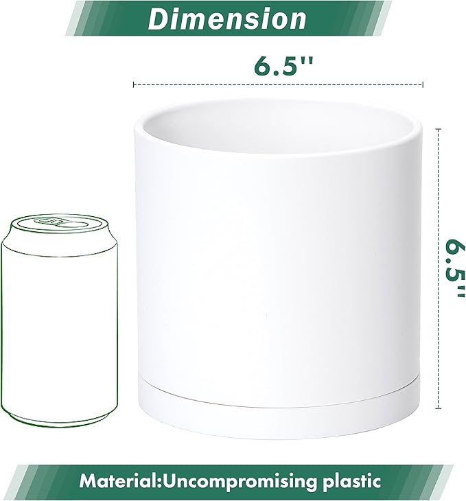 D'vine Dev 4 Pack 6.5 Inch Modern Plastic Plant Pots, Small Garden Planters for Plant with Drainage Holes and Saucers, White Color, 74-Z-L-2