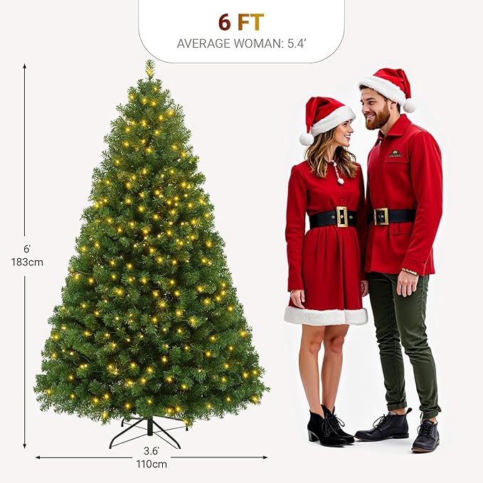 6FT Prelit Green Artificial Christmas Tree with 250 Warm White LED Lights – Full Pre-Lit Holiday Tree for Indoor Home, Living Room, Apartment, Office, Traditional Christmas Decoration