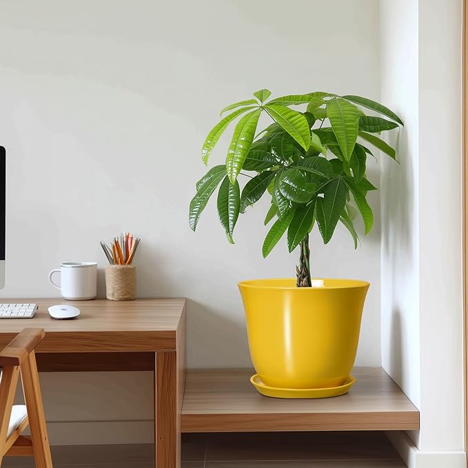 Ceramic Planter - 10 Inch Plant Pot for Indoor Outdoor, Round Flower Pots with Drainage Hole and Saucer, Large Plant Pot, Modern Planters, Home Room Decor, Gifts for Plants Lovers, Yellow