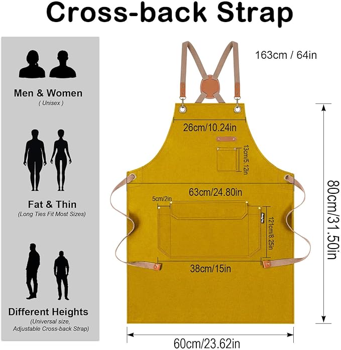 Chef Apron for Men Women with Gift Box Pack, Cross Back Apron with Pockets for Kitchen Cooking Baking Artist Painting, Cotton Canvas Work Aprons for Shop, Garden, Restaurant, Cafe (Yellow, M to XXL)