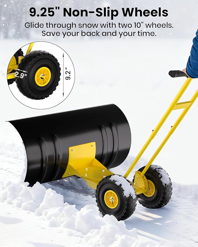 36" Snow Pusher Shovel with Wheels, Adjustable Ergonomic T-Handle Snow Plow for Driveway, Heavy Duty Wheeled Rolling Shovels for Driveway and Sidewalks with Angeled Blade