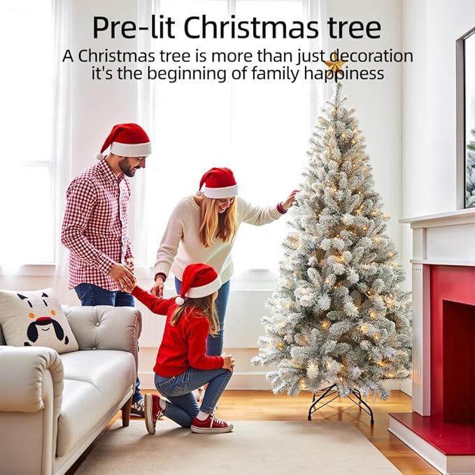 CHILLSUN Prelit Christmas Tree with Lights 6ft, Premium Snow Flocked Artificial Xmas Tree with 874 Branch Tips and 250 Warm Lightsm, Metal Reinforced Base Easy Assembly for Christmas Decorations,White