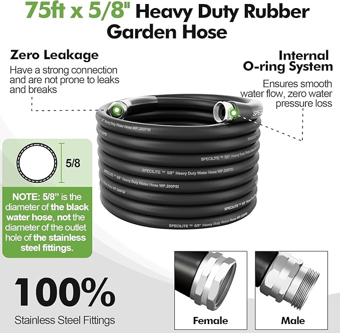 SPECILITE 5/8" Garden Hose 75 ft with High Flow Nozzle, Heavy Duty Flexible Hybrid Rubber Water Hose for Outdoor, Lightweight, Leak-Proof, No-Kink, 3/4"Brass Fittings,Black