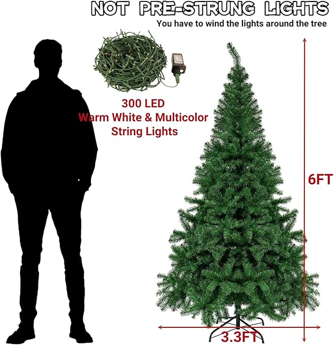 Juegoal 6 Foot Artificial Christmas Tree(NOT Pre-Strung), with 300 LED Warm White & Color Changing Lights, Fake Xmas Tree with Metal Legs, 850 Tips