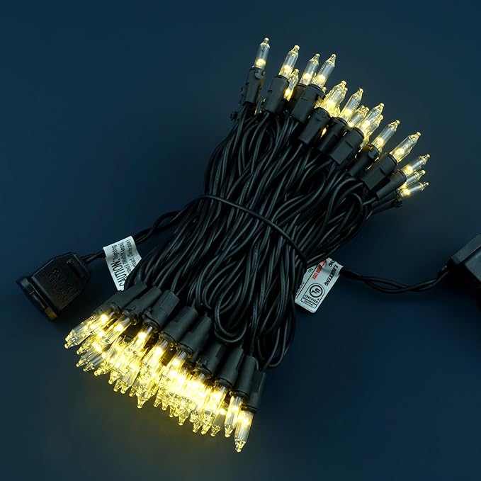 YULETIME 100 Count Clear Warm White Christmas Lights, 33 Feet Black Wire UL Certified Incandescent-Like LED Mini String Lights
