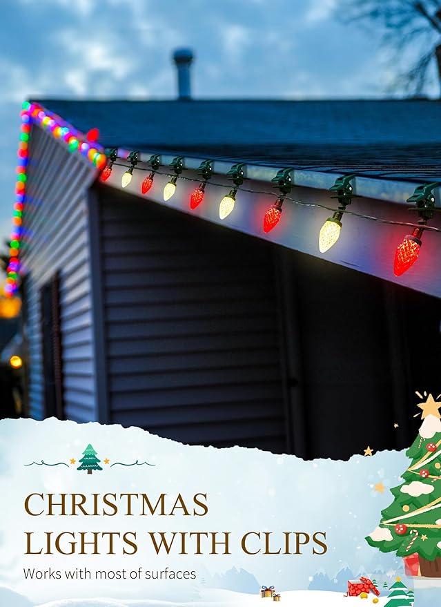 C9 LED Christmas Lights Outdoor, 66 Feet 100 LED C9 String Light with 100 Spring Clips, Waterproof Connectable Christmas Tree Lights for Outside Roofline Patio Home Xmas Decor, Red & Warm White