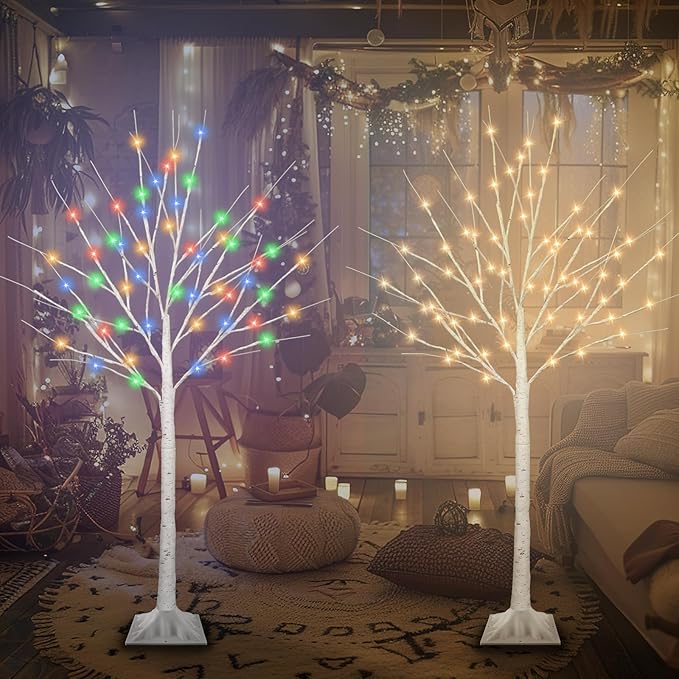 4FT Lighted Birch Tree with 60 LED Warm White and Multicolor Lights, 8 Modes, Timer Remote Faux Prelit Twig Christmas Tree with Lights for Indoor Outdoor Xmas Holiday Party Decoration