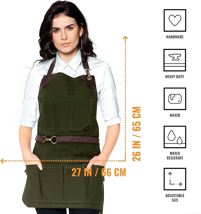 Under NY Sky Tool Forest Green Apron – Heavy-Duty Waxed Canvas, Leather Reinforcement, Extra Pockets – Adjustable for Men and Women – Pro Mechanic, Woodworker, Blacksmith, Plumber, Electrician Aprons