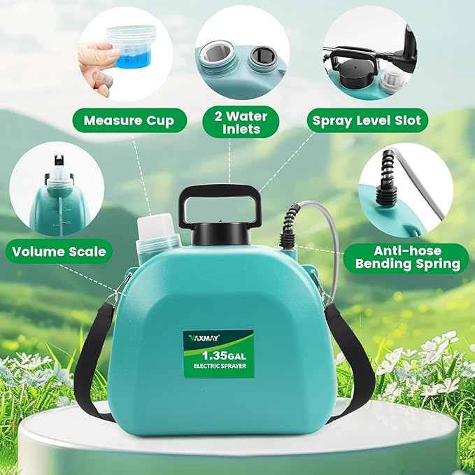 VAXMAY Battery Powered 1.35 Gallon Electric Sprayer, 3 Speeds, 4 Nozzles, Rechargeable, Green, Garden & Lawn
