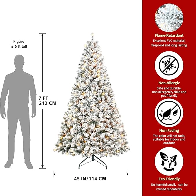 7FT Pre-Lit Flocked Christmas Tree with 350 Warm White Lights, Full White Christmas Tree with Premium PVC Branches, Realistic Snowy Look, Indoor Fake Snow Xmas Tree for Home Office Shops