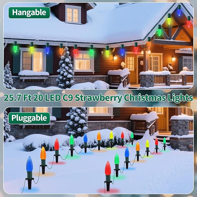 C9 Strawberry Christmas Pathway Lights Outdoor, 20 LED Multicolor Outdoor Christmas String Lights with Stakes, 25.7FT Holiday Decorations for Indoor, Outside,Roofline, Backyard, Xmas Decor
