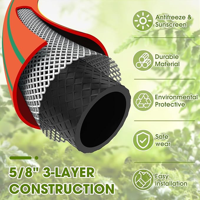 Heavy Duty Garden Hose – 5/8 Inch Flexible, Lightweight Hybrid Hose with 600 PSI Burst Pressure, Swivel Handle, and Durable Copper Male/Female Fittings (Orange with hose sprayer, 75FT)