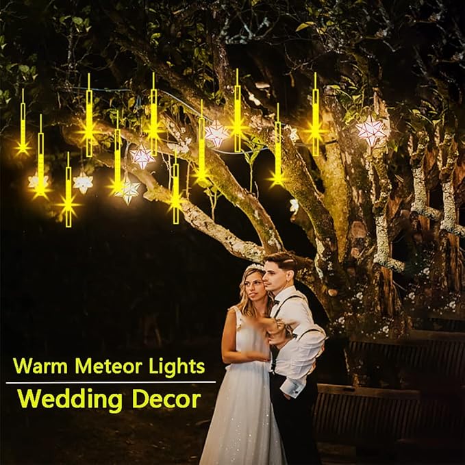 Kwaiffeo Warm White Christmas Lights Outdoor, 24 Tubes(Equivalent to 3 Sets of 8-Tube) LED Meteor Shower Lights for Xmas Wedding Party Decorations, Warm White Fairy Icicle Light for Yard Outside