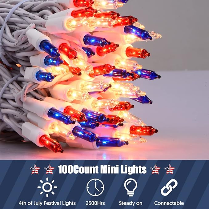 4th of July Decorations Patriotic Lights 100 Count Mini Red White Blue Incandescent Bulb Plug in Independence Day Lights for Indoor Outdoor Home Garden Patriotic Theme Memorial Day Decorations