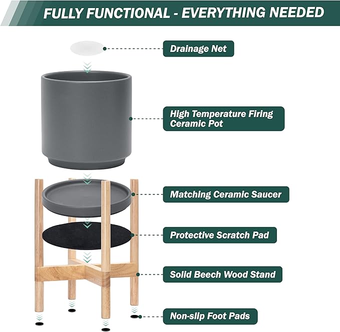 D'vine Dev Ceramic Planter with Natural Stand - 12 Inch Modern Round Flower Pot with Wood Planter Holder, Grey, 55-B-J-3