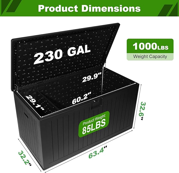 230 Gallon Outdoor Storage Box Waterproof, Extra Large Plastic Outside Deck Box Weatherproof, Resin Patio Storage Bin with Lock and Lids for Cushion, Black