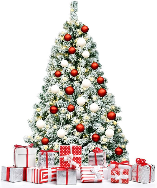 Happygrill 4.5FT Pre-lit Artificial Hinged Christmas Pine Tree Snow Flocked Christmas Tree with Solid Metal Stand Flexible Branches Traditional Festival Decoration Tree