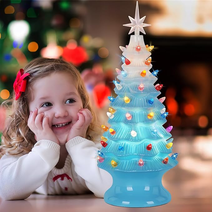 Lakumu 16.5" Table Top Christmas Tree, Hand Painted Resin Christmas Tree with Lights, Pre-lit Xmas Tree Decor Lighted Tabletop Decoration with Multicolored LED Bulbs, Ceramic-Like Finish, Blue