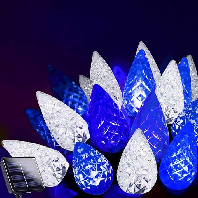 C6 Solar Christmas Lights Outdoor, 50 LED 16FT Christmas Decorations Outdoor Waterproof, Solar String Lights for Outside with 8 Modes, Fairy Twinkle Light for Tree Garden Xmas Decor (White and Blue)