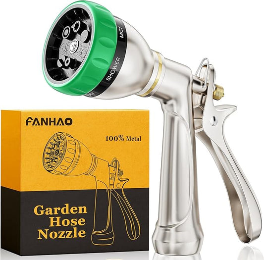 FANHAO Heavy Duty Garden Hose Nozzle, 100% Metal Water Hose Sprayer with 7 Spray Patterns, Ergonomic Rear Trigger, High Pressure Water Nozzle Sprayer for Watering Plants, Washing Car and Pet