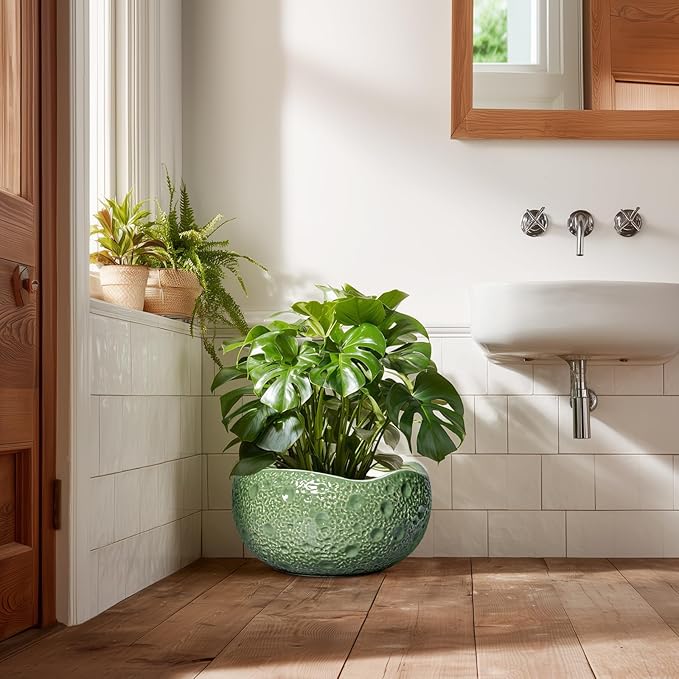 Ceramic Pots for Plants - 13 Inch Large Bonsai Pots Indoor Outdoor, Round Plant Pot with Drainage Hole, Decorative Flower Pot, Modern Unique Planters, Patio Decor, Plant Lover Gifts, Green