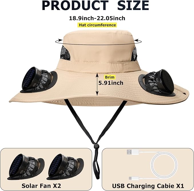 Solar Fan hat, Equipped with Two Detachable Fans, USB/Solar Dual Power Supply, Full Sun Protection,Wide Brim Adjustable