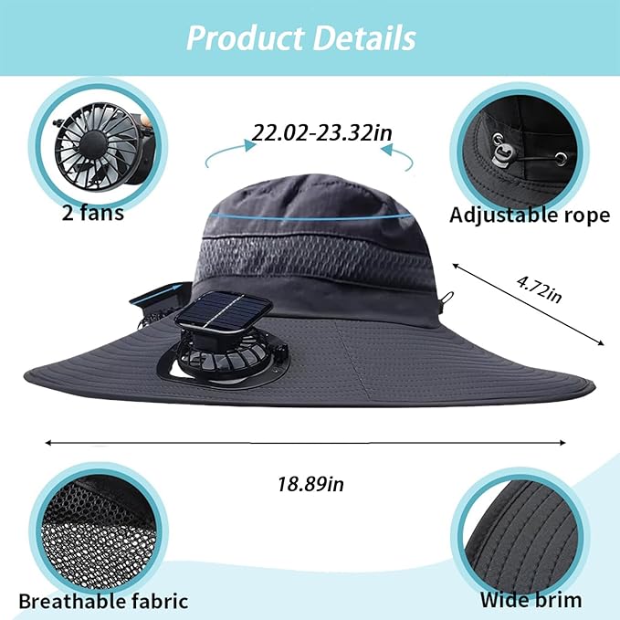 Solar Fan Hat Breathable Wide Brim Sun Hat for Men Women Sun Bucket Fishing Hats with 2 Solar Fan UPF 50+ Outdoor