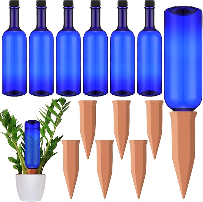 6 Sets Plant Watering Devices Include 6 Terracotta Self Watering Spikes and 6 Pcs 26 oz Plastic Bottles, Slow Release Vacation Insert Automatic Plant Waterer Device (Blue)