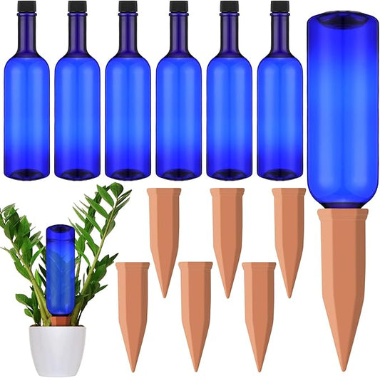 6 Sets Plant Watering Devices Include 6 Terracotta Self Watering Spikes and 6 Pcs 26 oz Plastic Bottles, Slow Release Vacation Insert Automatic Plant Waterer Device (Blue)