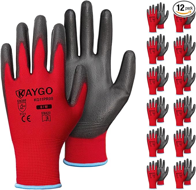 KAYGO Safety Work Gloves PU Coated for Women, 12 Pairs Seamless Knit Glove with Polyurethane Coated Smooth Grip on Palm and Fingers, Ideal for General Duty Work, KG11P (M, Red)